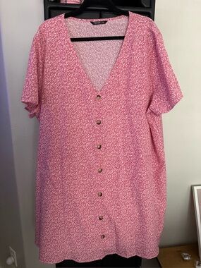 Pink Button-Front V-Neck Womens Dress